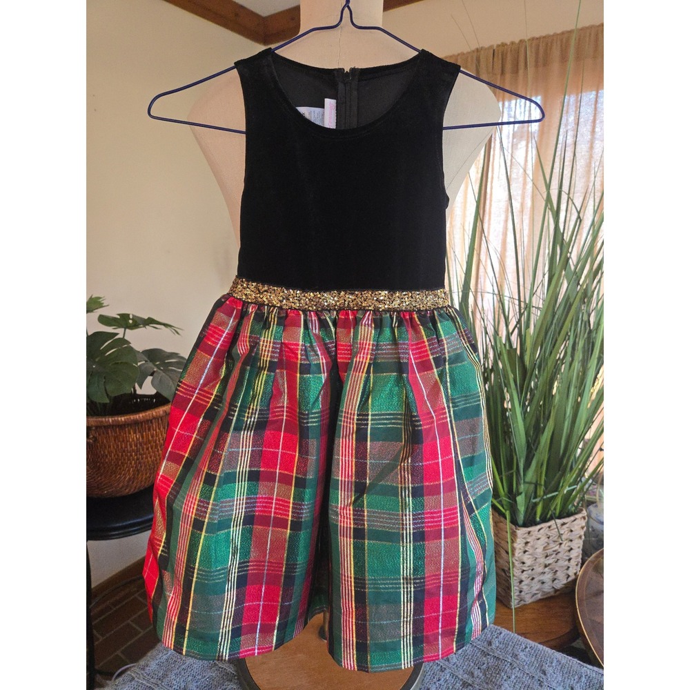BONNIE JEAN - Girls Black Velvet Plaid Holiday Dress - Size 6
